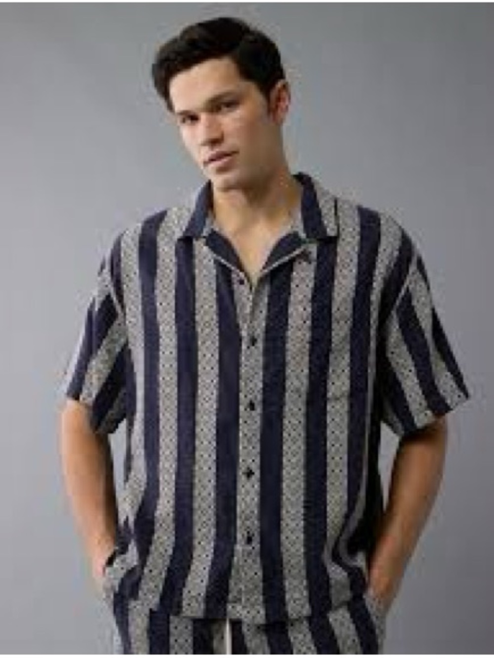 American Eagle Poolside Textured Striped Button Up Shirt